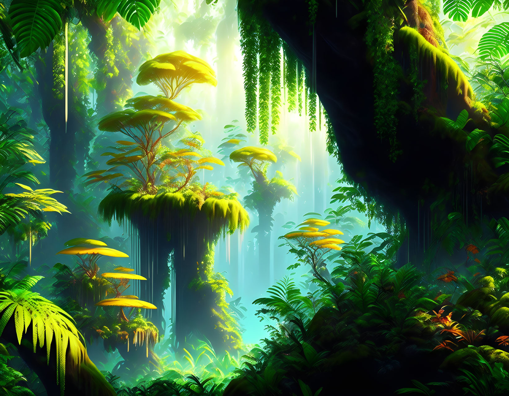 Lush Jungle Scene with Oversized Mushrooms and Exotic Foliage