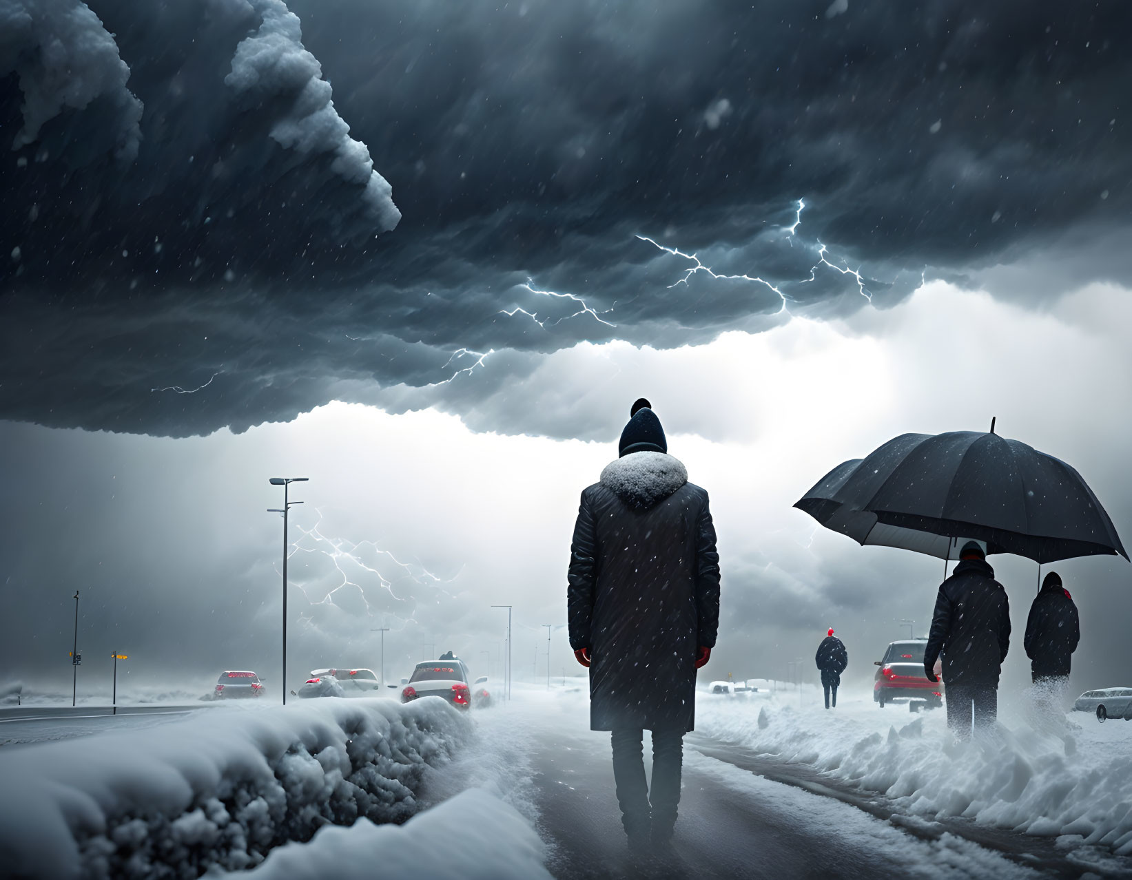 Person walking on snowy road with umbrella under stormy sky