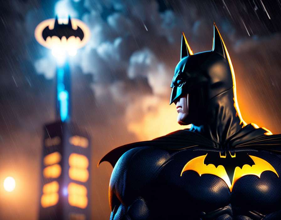Superhero with Bat-Signal in rainy night scene