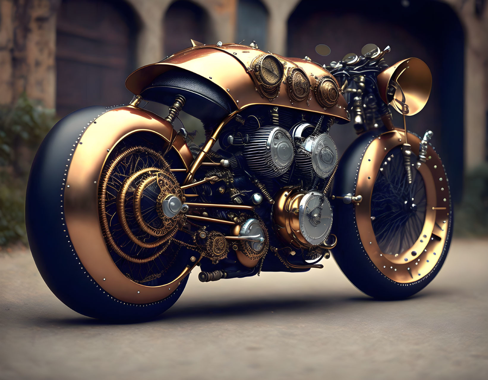 Steampunk Style Motorcycle with Brass Details and Spherical Wheels