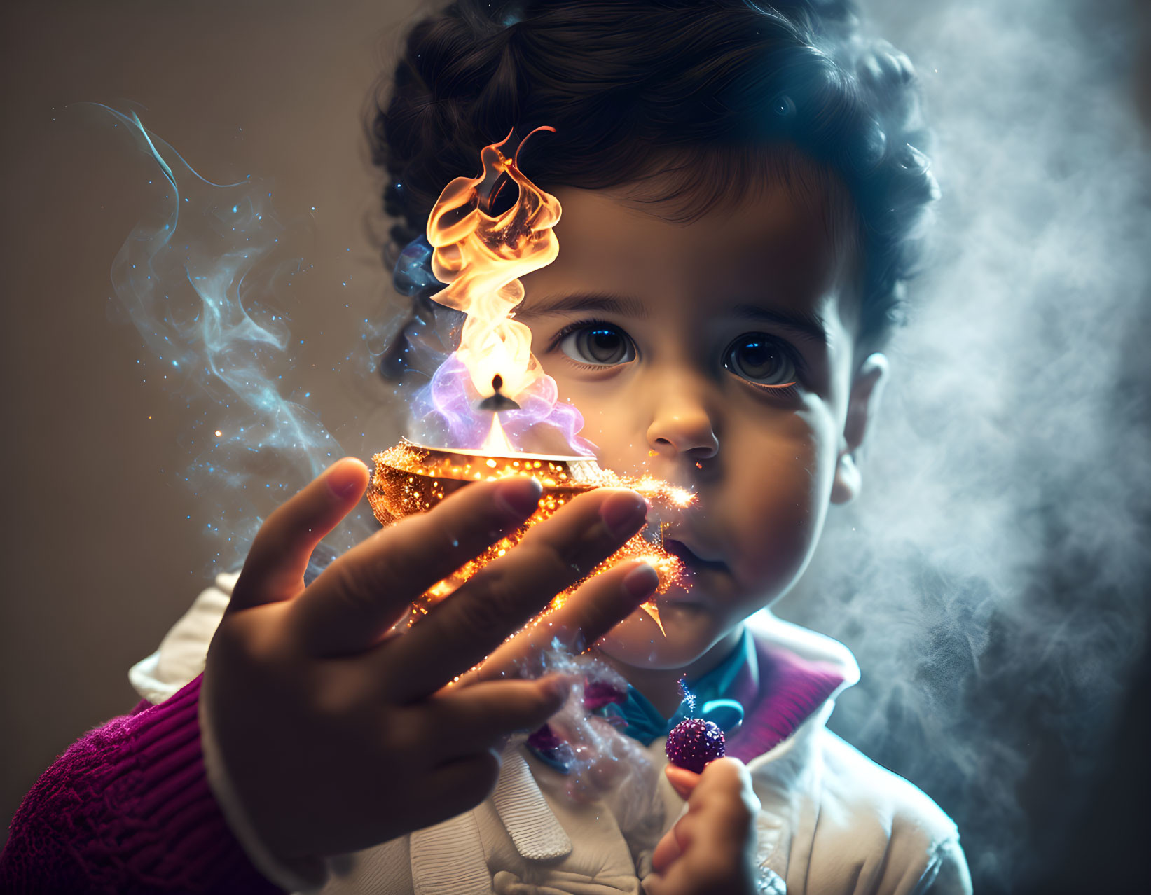 Child Holding Glittering Cupcake with Fiery Sparkle