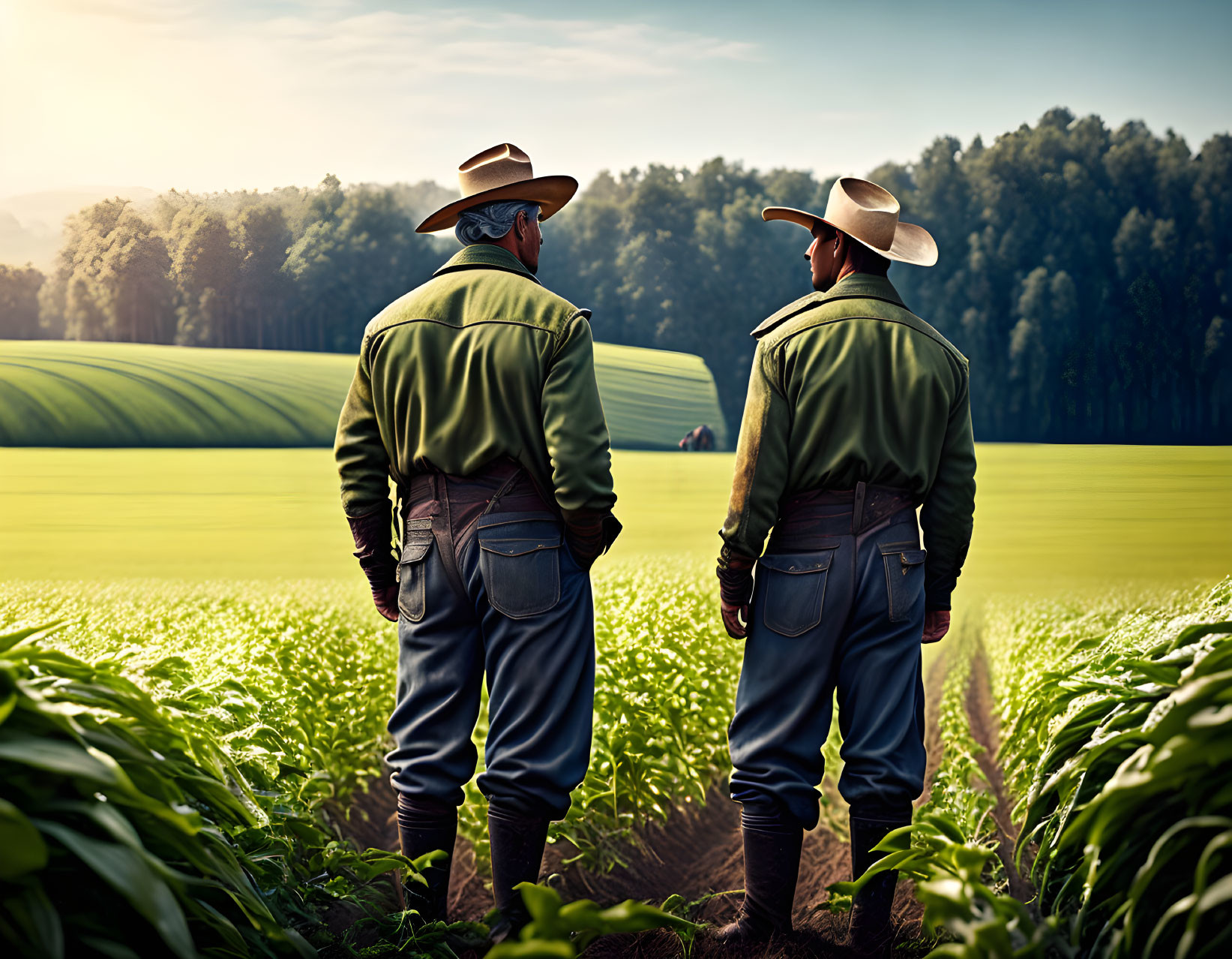 Cowboy-hat-wearing individuals in field with agricultural landscape.