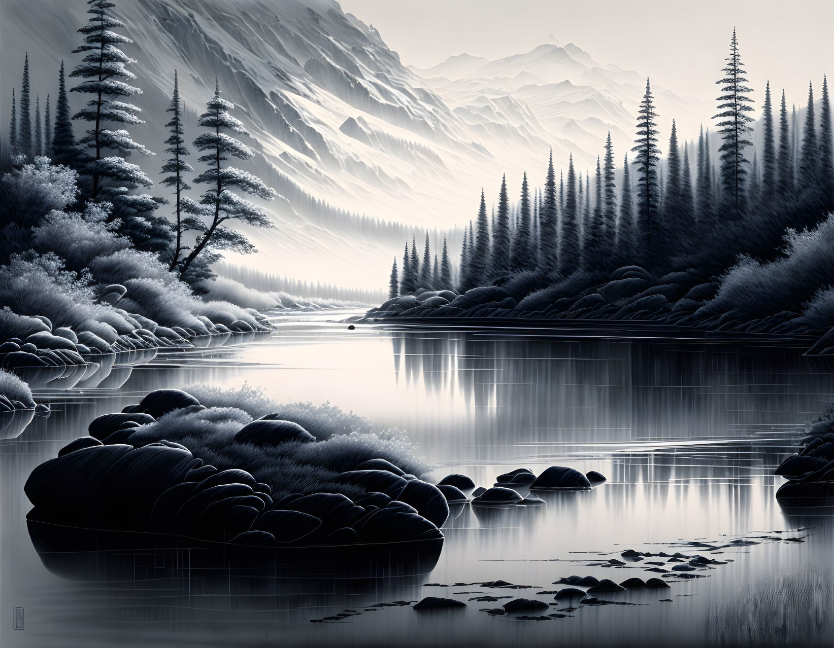 Serene monochromatic landscape with lake, evergreens, and mountains