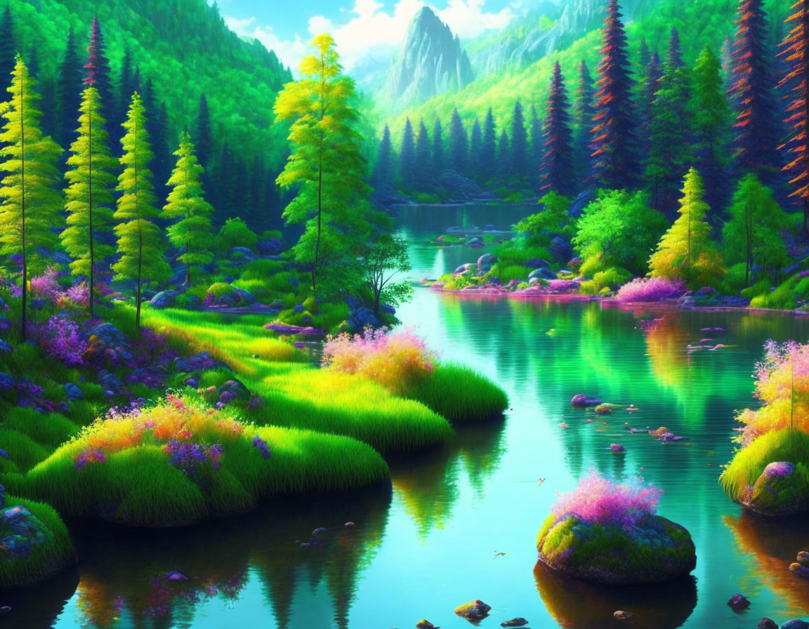 Lush Greenery and Serene River in Colorful Landscape