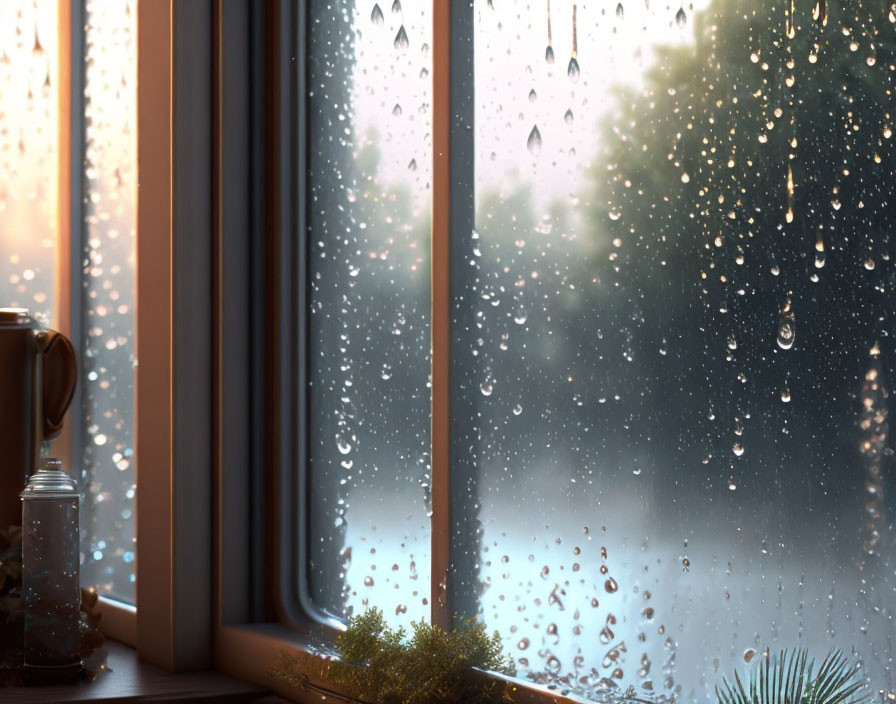 Tranquil indoor scene: Raindrops on window, cup, plant on windowsill