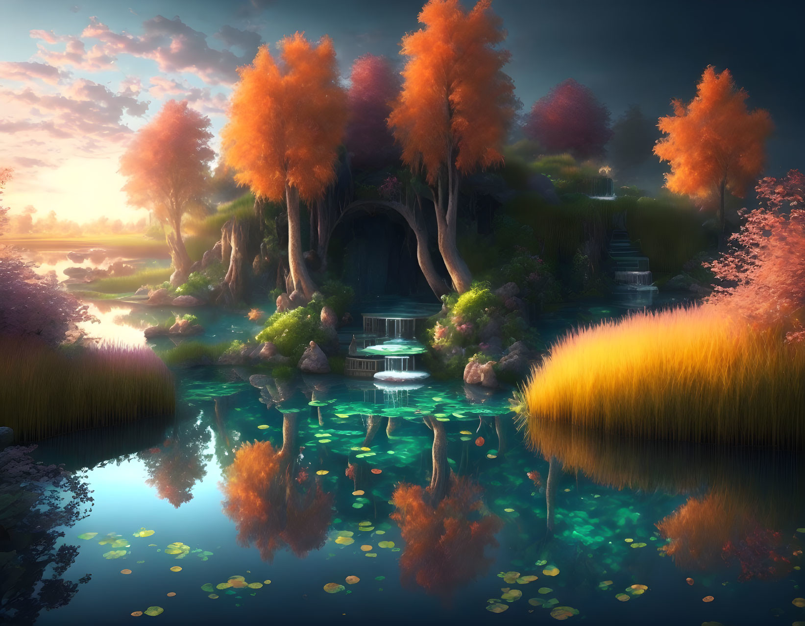 Vibrant orange trees, serene lake, cave entrance, and twilight waterfalls in mystical landscape