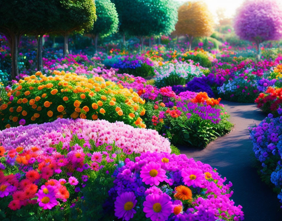 Colorful garden path with flowers and trees under soft light