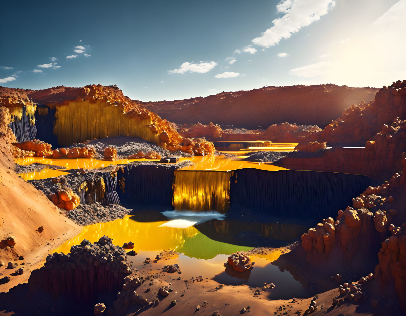 Surreal landscape with golden rivers, reflective pools, and colorful terrain