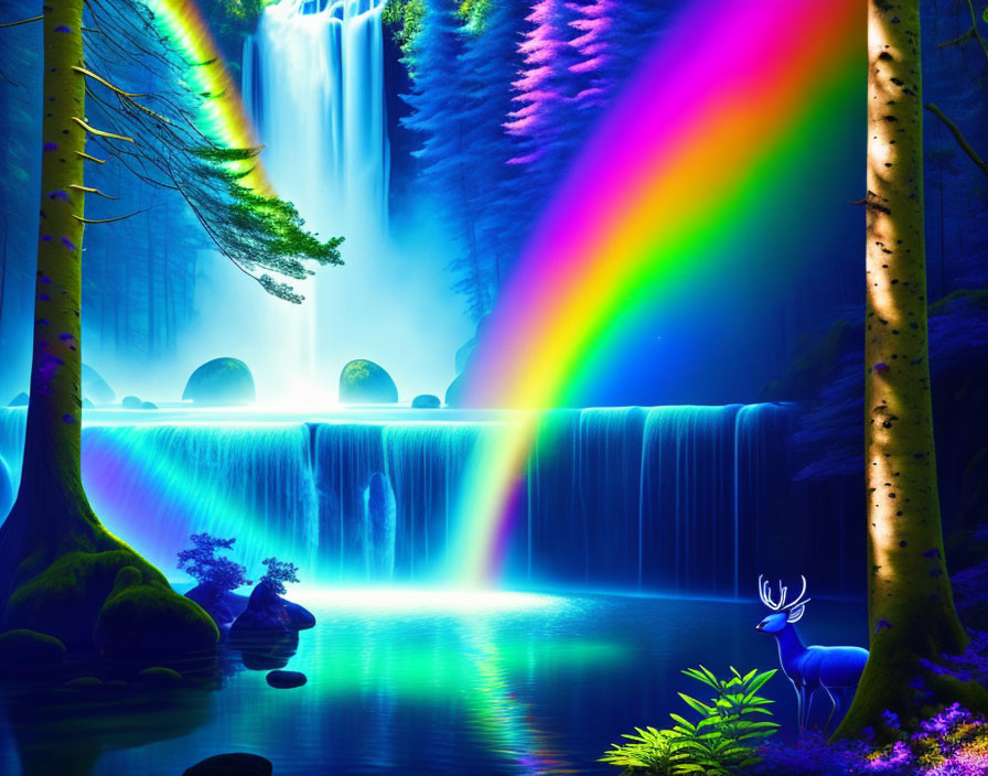 Vivid mystical forest scene with waterfall, rainbow, foliage, and deer