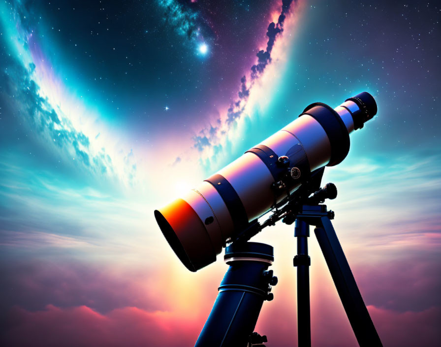 Telescope silhouette against colorful dusk sky