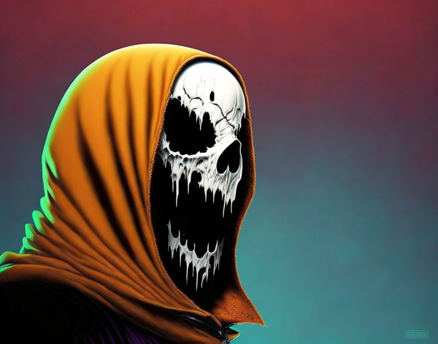 Colorful Illustration: Figure with Hood & Melting Skull Face on Vibrant Background