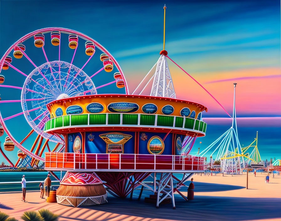 Vibrant amusement park scene at sunset with Ferris wheel, carousel, and boardwalk.