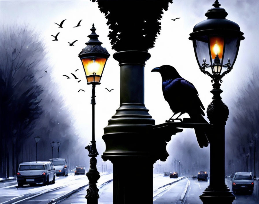 Raven perched on street lamp in snowy dusk scene with silhouetted birds and distant car