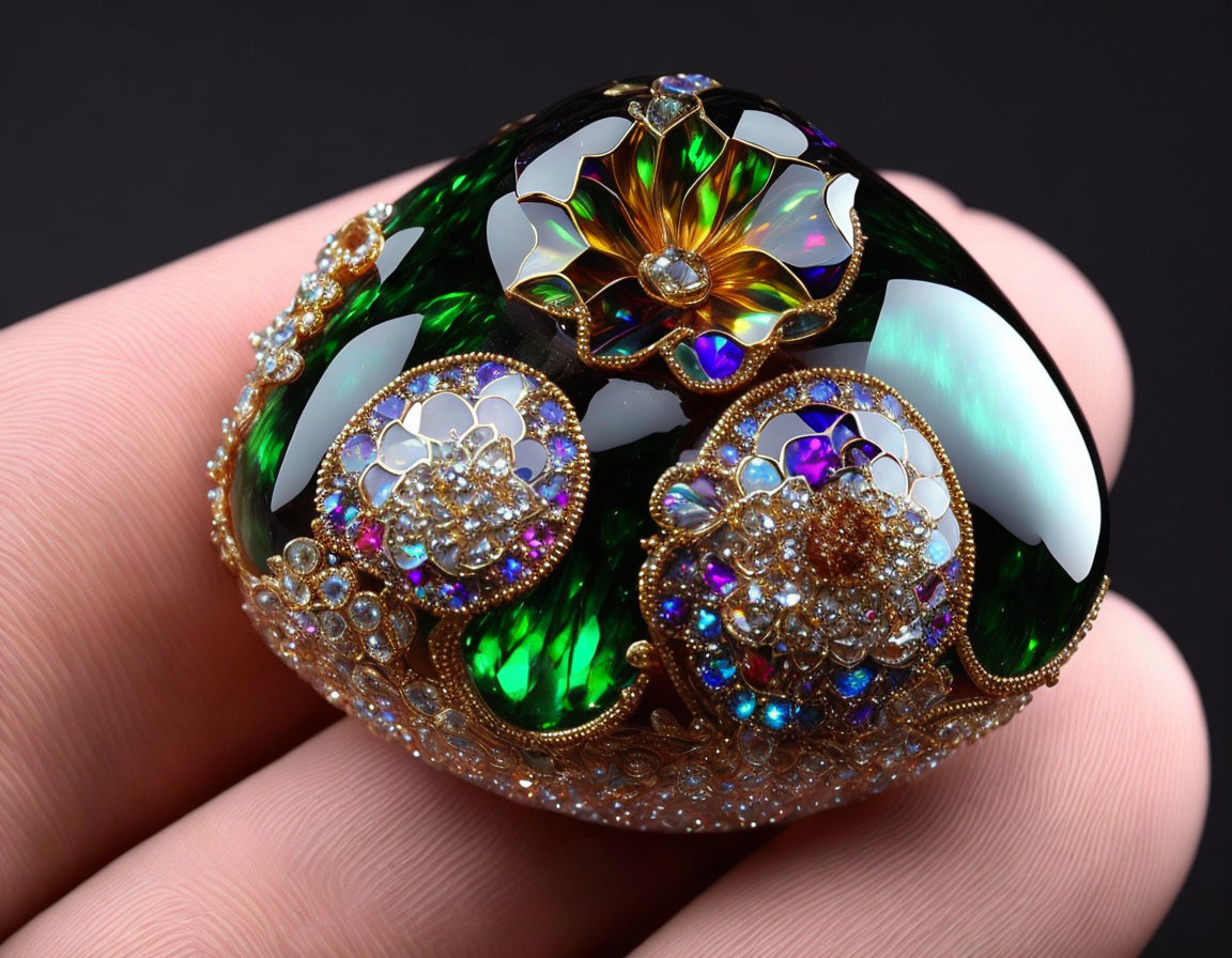 Jewel-encrusted egg with gold designs and green enamel on black background