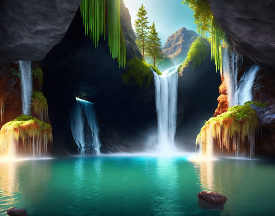 Tranquil cave with blue lagoon, waterfalls, and mountain view