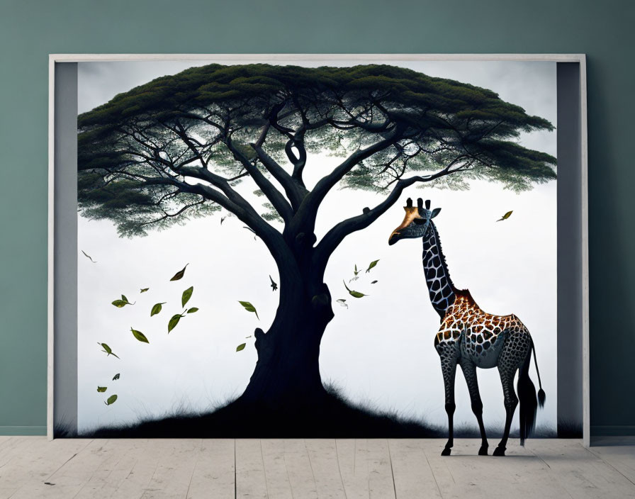 Giraffe under large tree with wide branches in framed backdrop