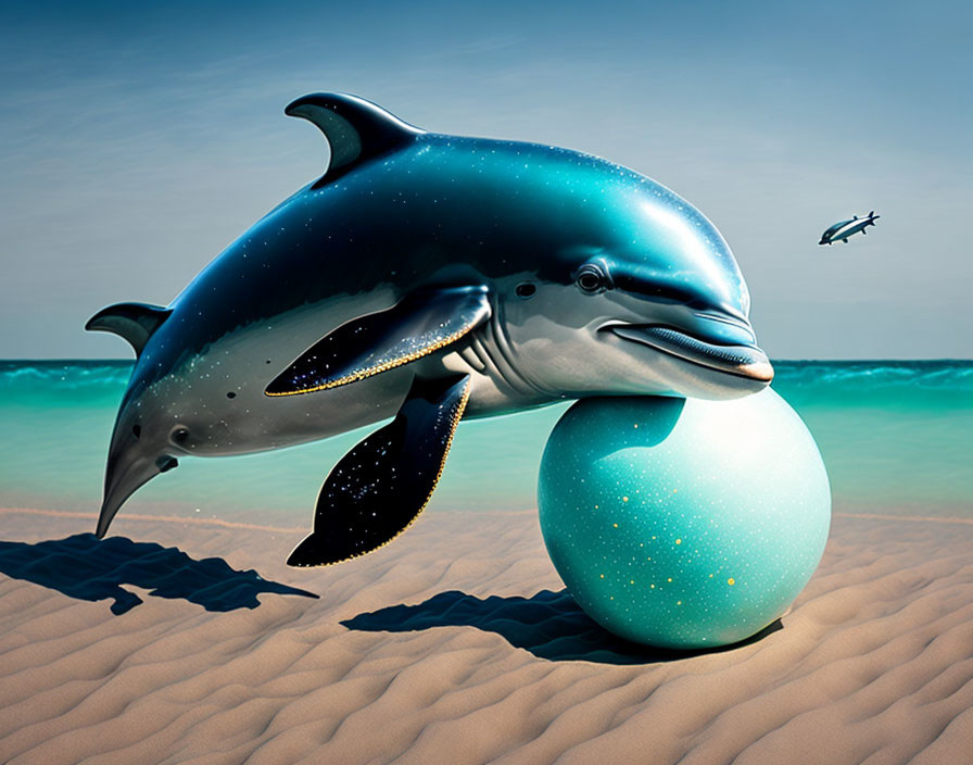 Surreal dolphin with starry sky pattern balancing glowing orb on beach
