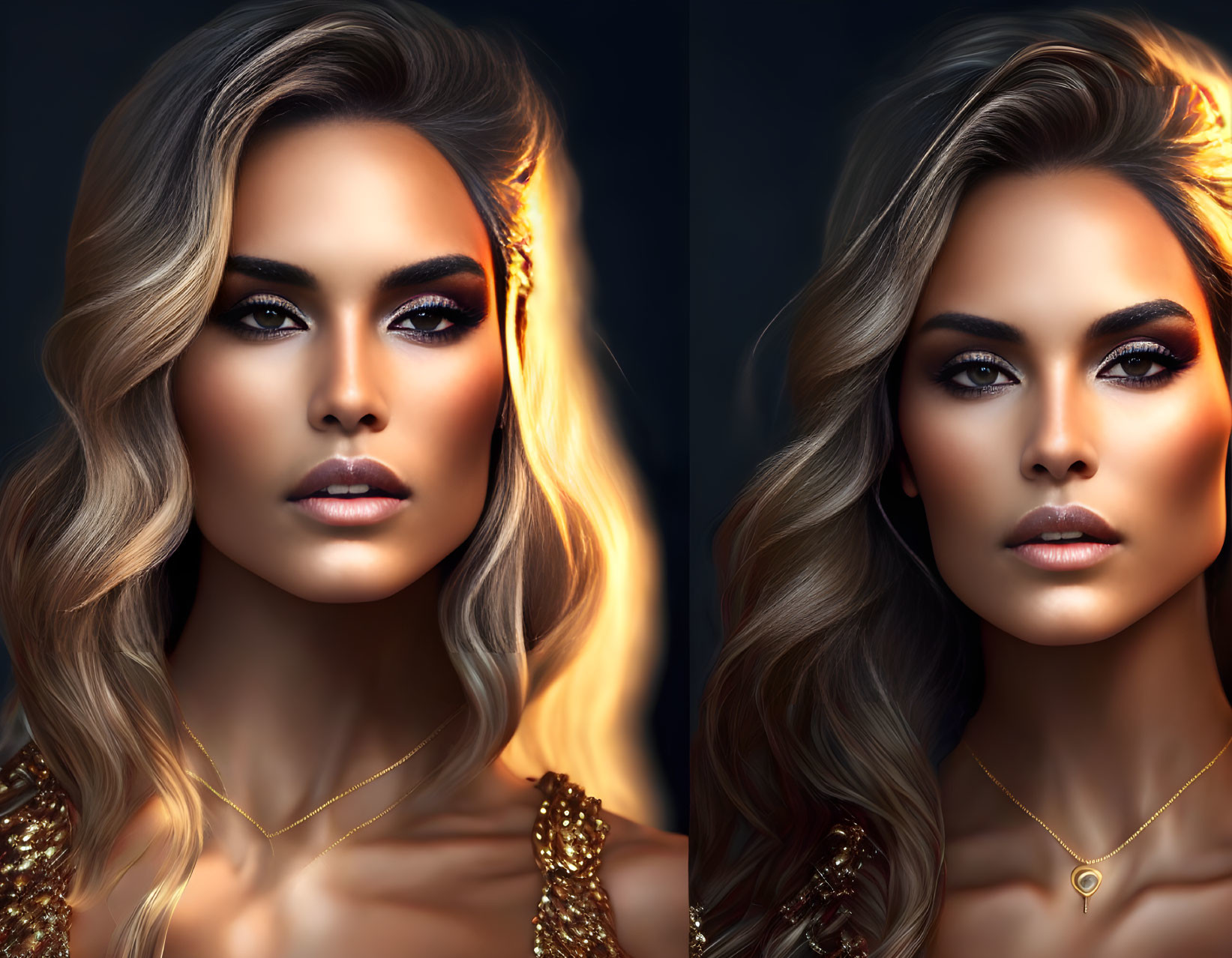 Woman with Striking Makeup and Wavy Hair in Dual Lighting Settings