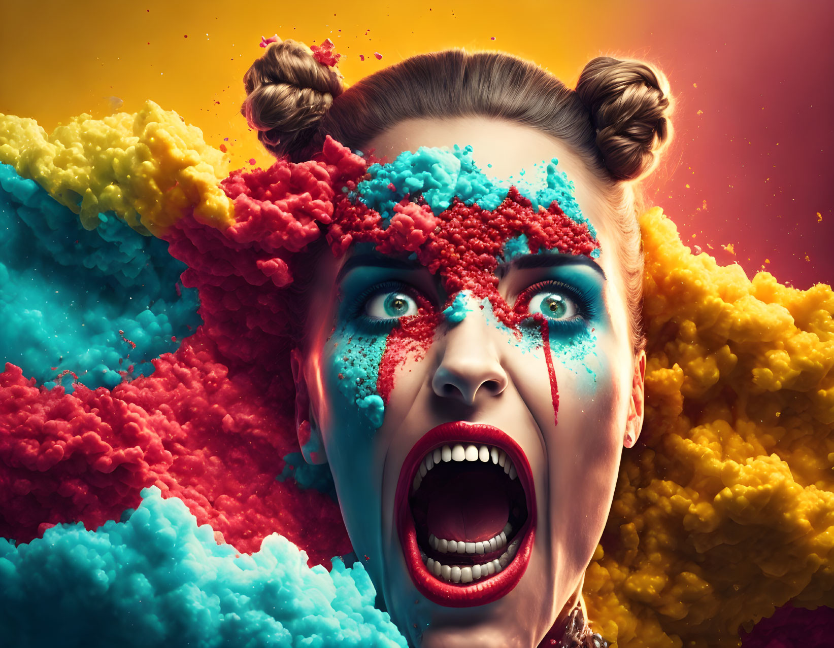 Vivid makeup woman surrounded by colorful powder explosion