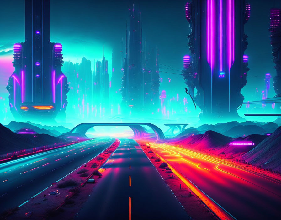 Vibrant neon-lit futuristic cityscape at night with sleek highway.
