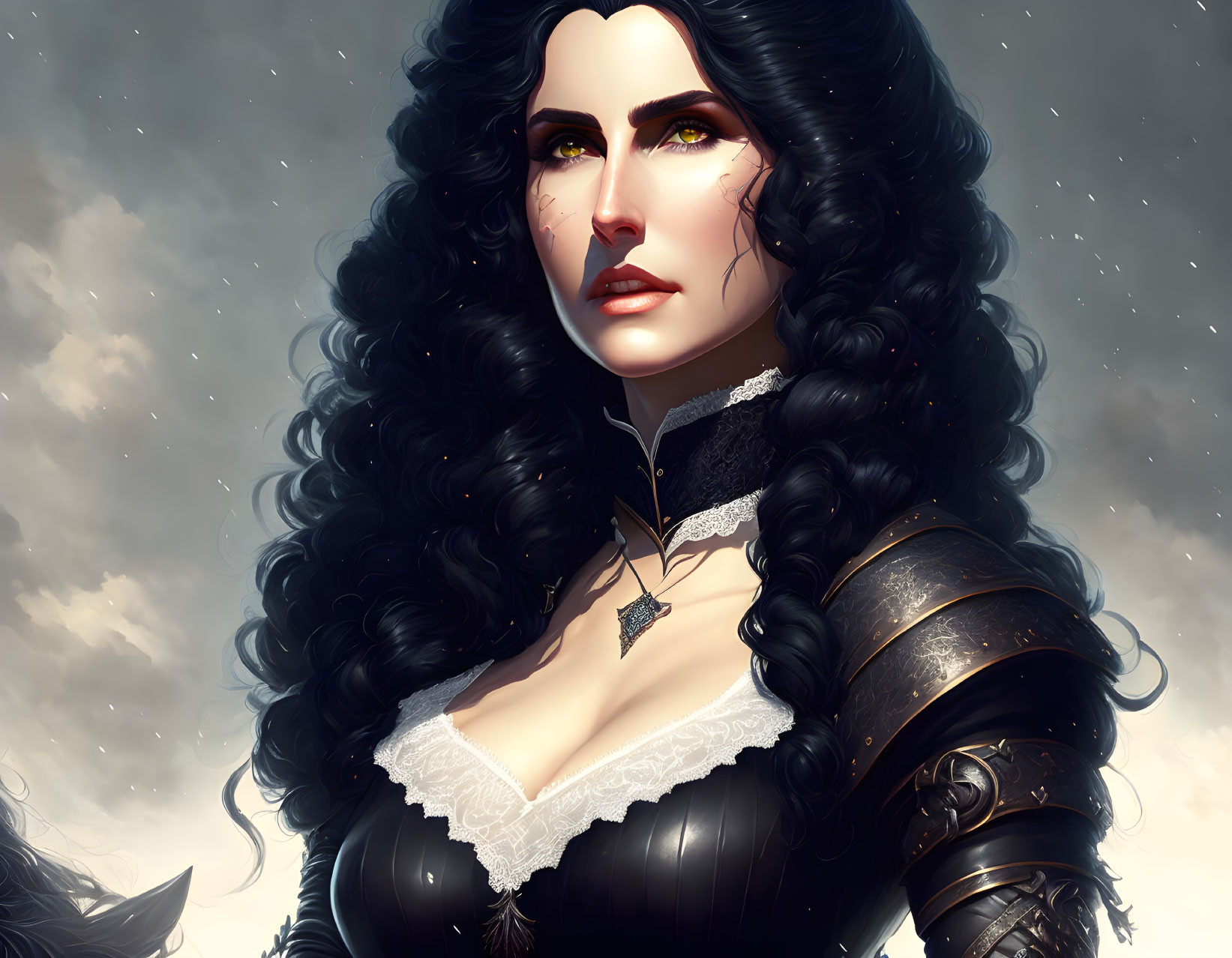 Detailed Illustration: Woman with Long Curly Black Hair, Green Eyes, and Black Armored Out