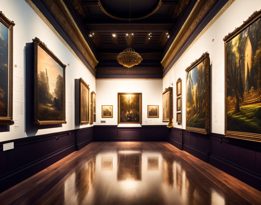 Classical paintings in elegant art gallery with golden frames