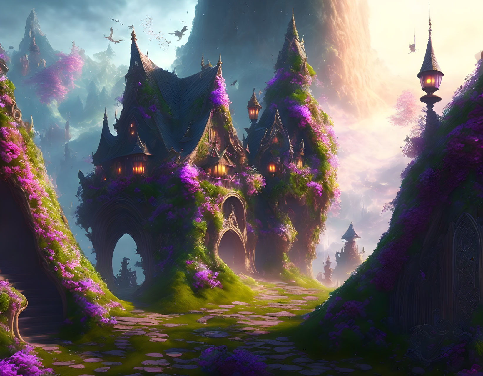 Fantasy castle surrounded by greenery, purple lighting, mountains, and floating islands.
