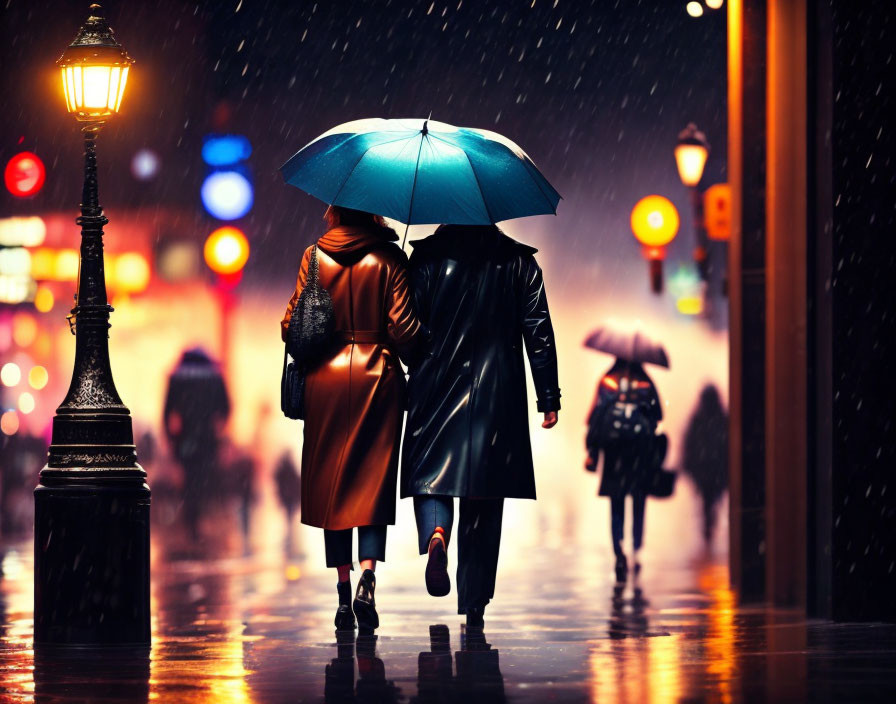Two people under blue umbrella in rainy city street at night