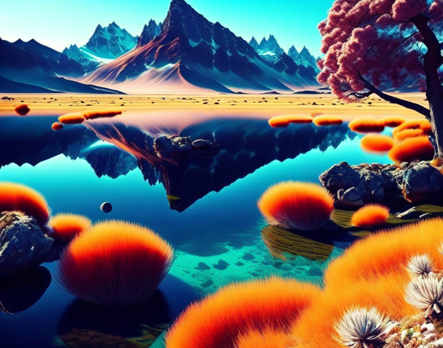Colorful Digital Art: Blue Lake, Pink Tree, Orange Vegetation, Mountains