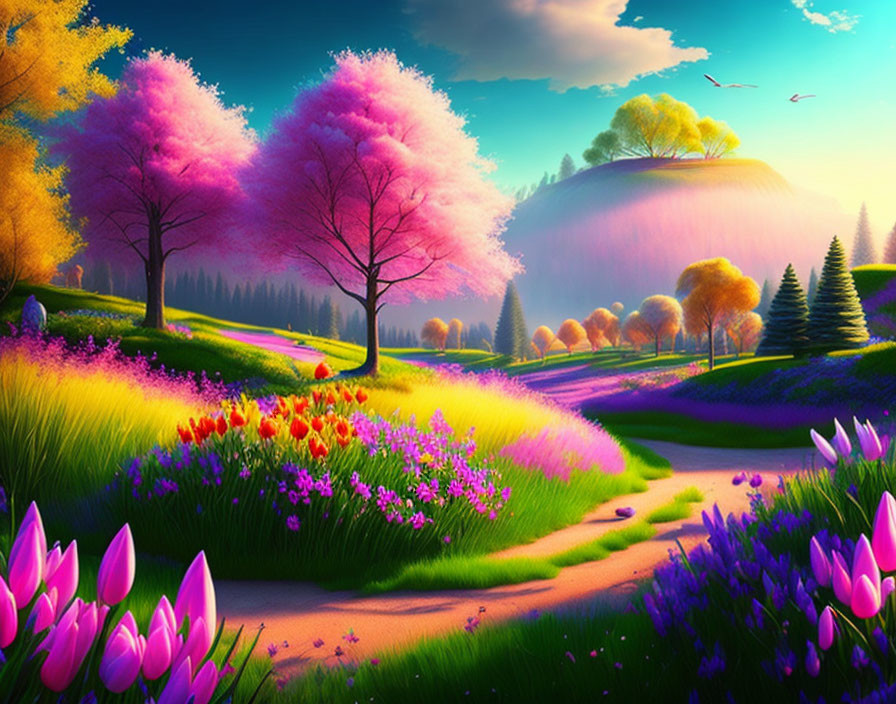 Colorful landscape with blooming trees, flowers, hills, and birds