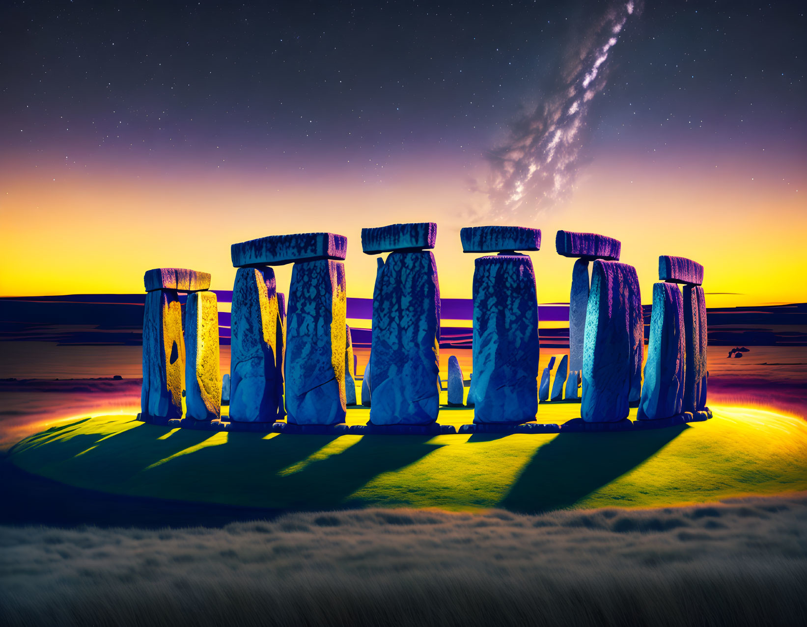Ancient Stonehenge silhouette against twilight starry sky