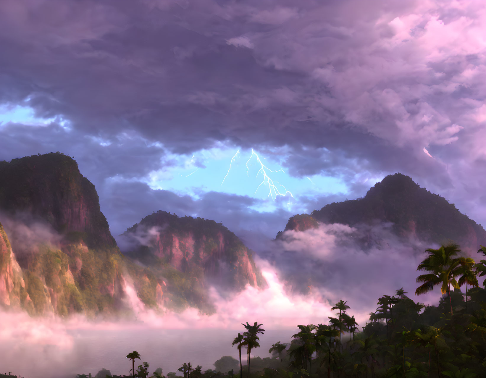 Majestic mountains in mist under a purple sky with lightning