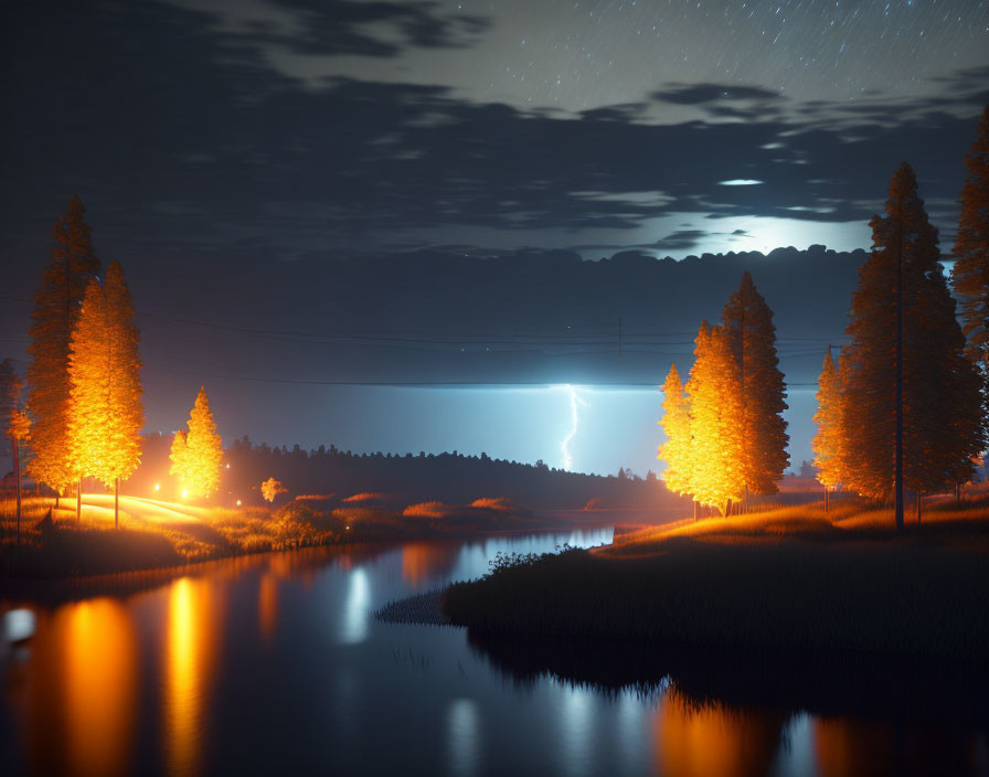 Night scene with illuminated trees by riverbank and lightning strike in distance