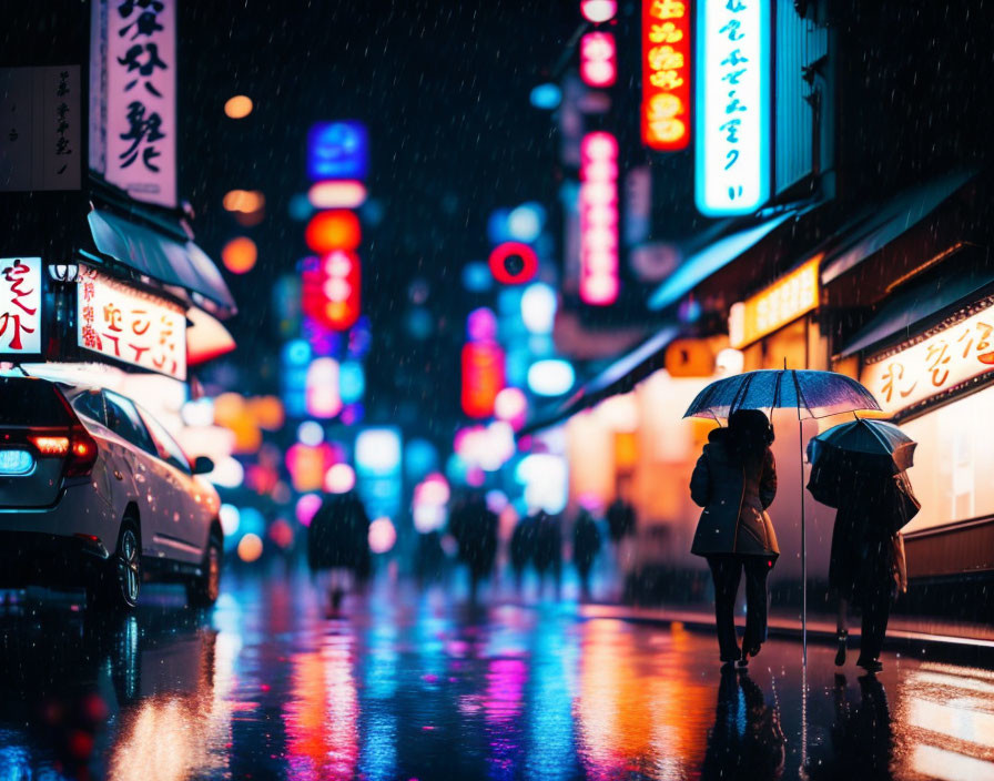 City street at night: Neon signs, rainy reflections, two people sharing umbrella