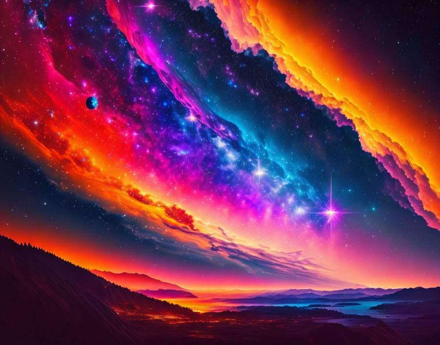 Vibrant sunset over mountain landscape with cosmic nebula in sky