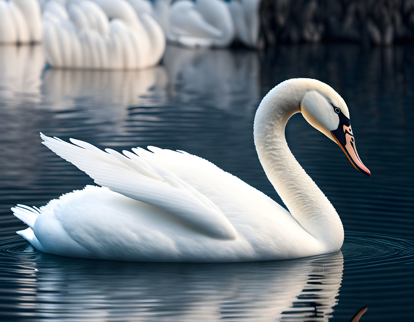 Elegant white swan with raised wings on serene blue water