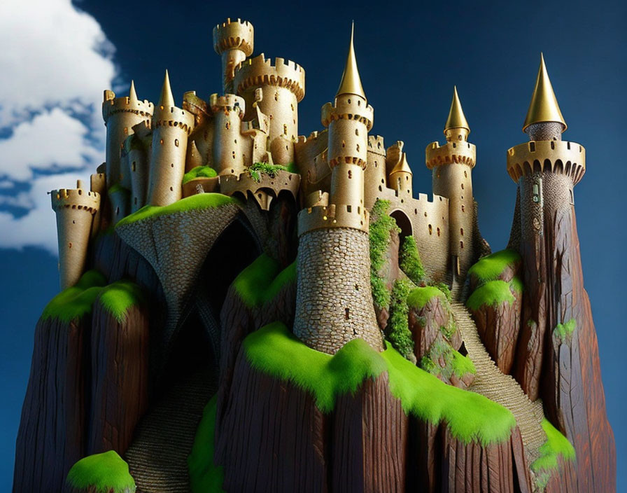Fantastical castle with golden-tipped spires on rugged mountain