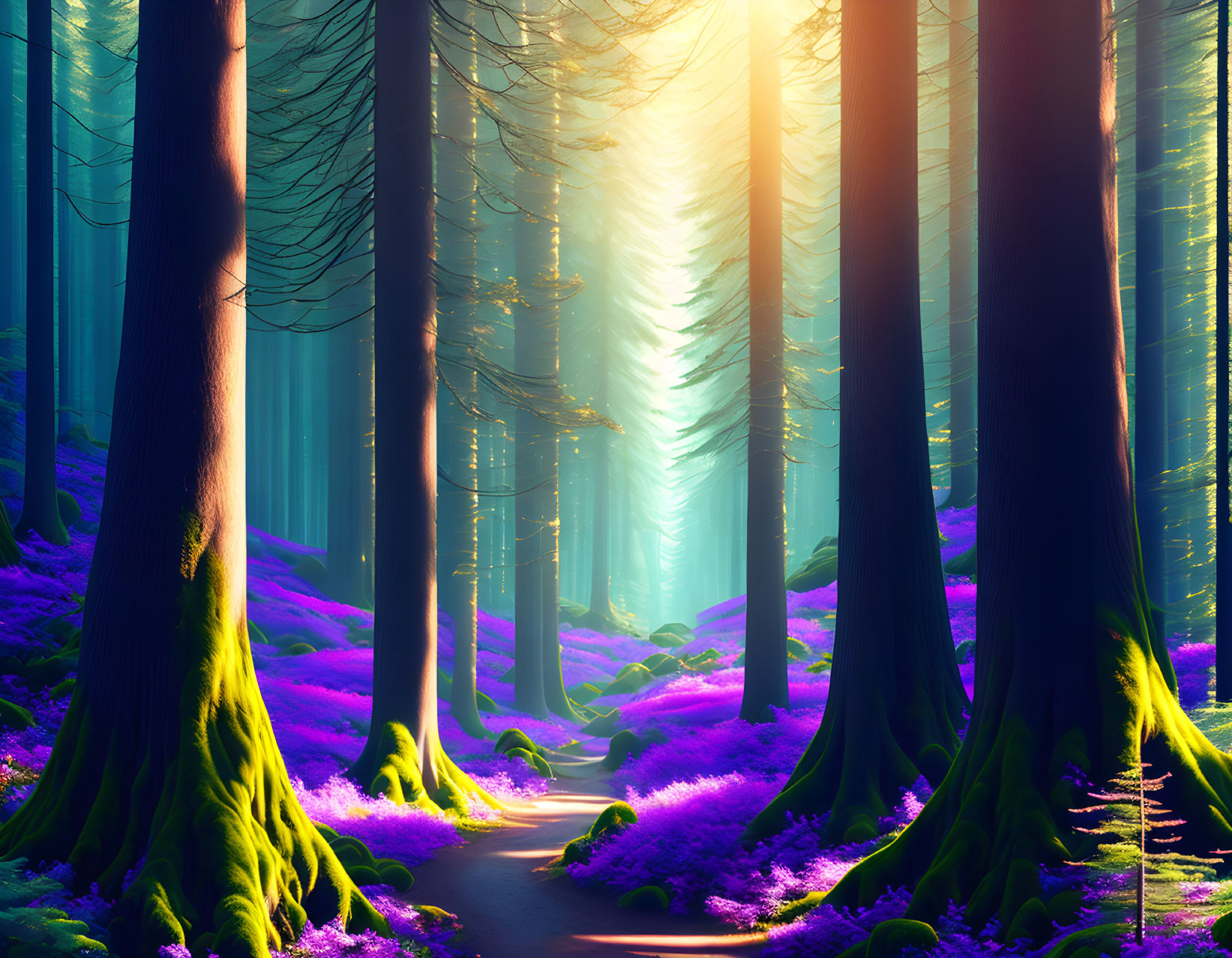 Vibrant forest with towering trees and purple foliage under sunlight