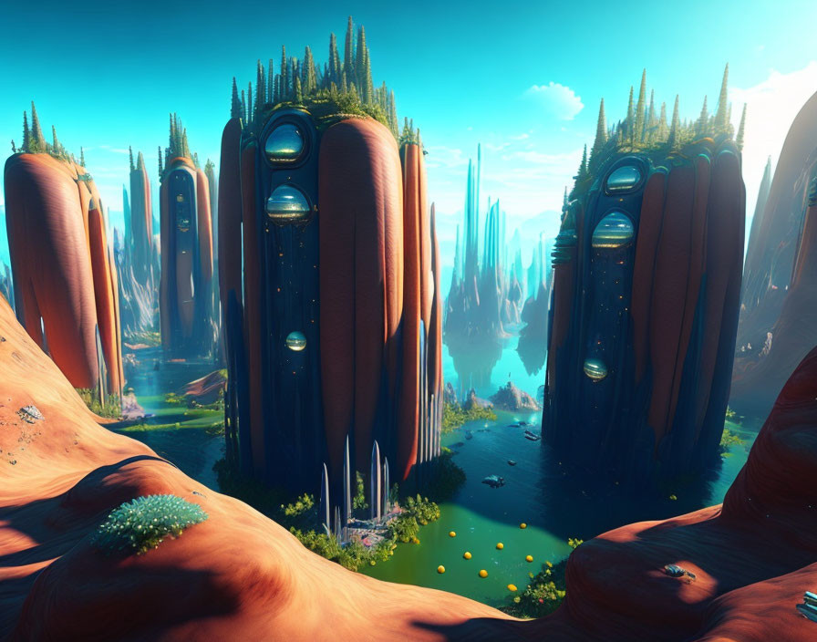 Fantasy landscape with tall cylindrical rock formations and bubble-like structures