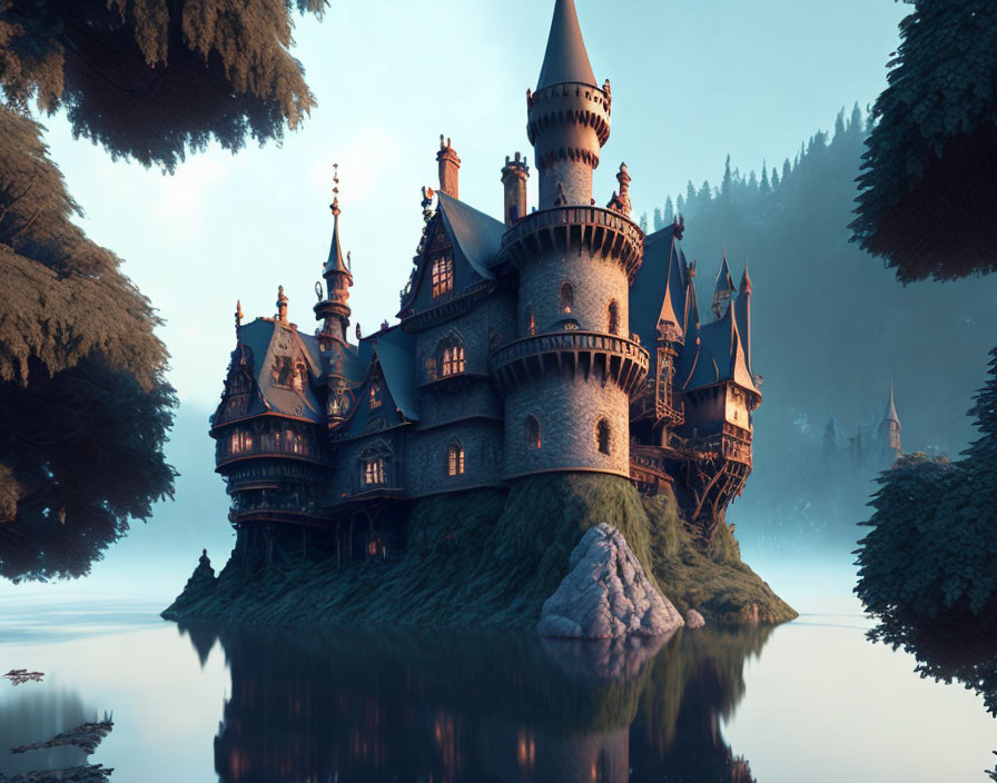 Fantasy castle with spires and turrets on misty island surrounded by forest