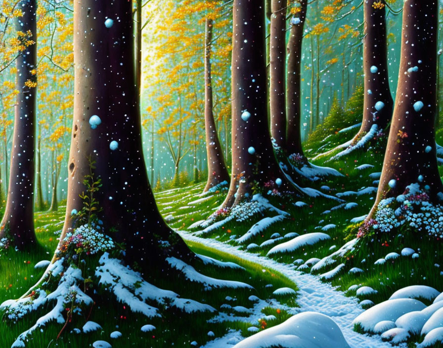 Enchanting snow-covered forest with glowing specks in transition.