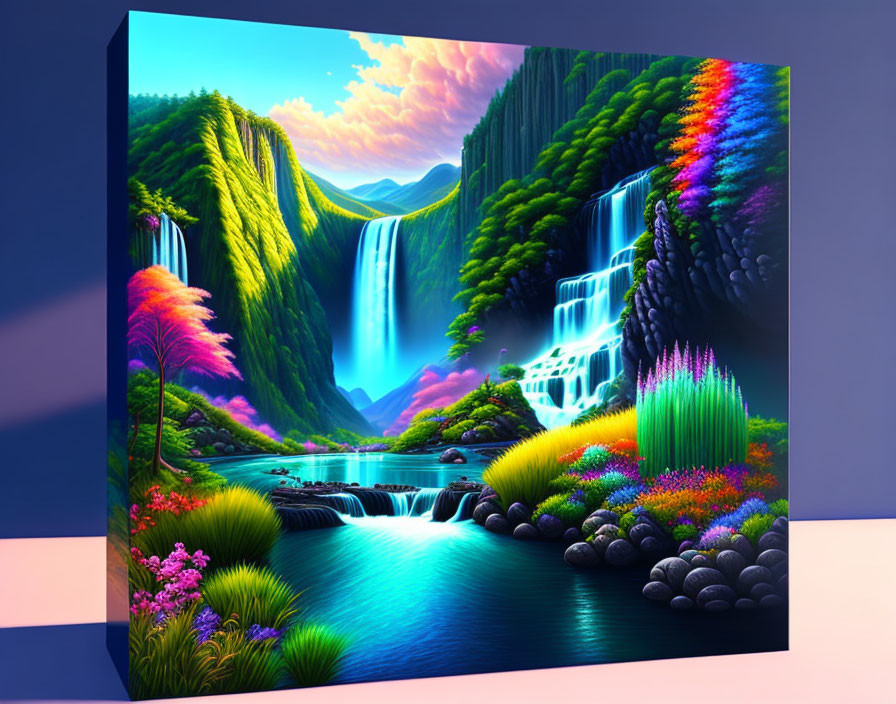 Fantastical landscape with waterfalls, river, and colorful flora