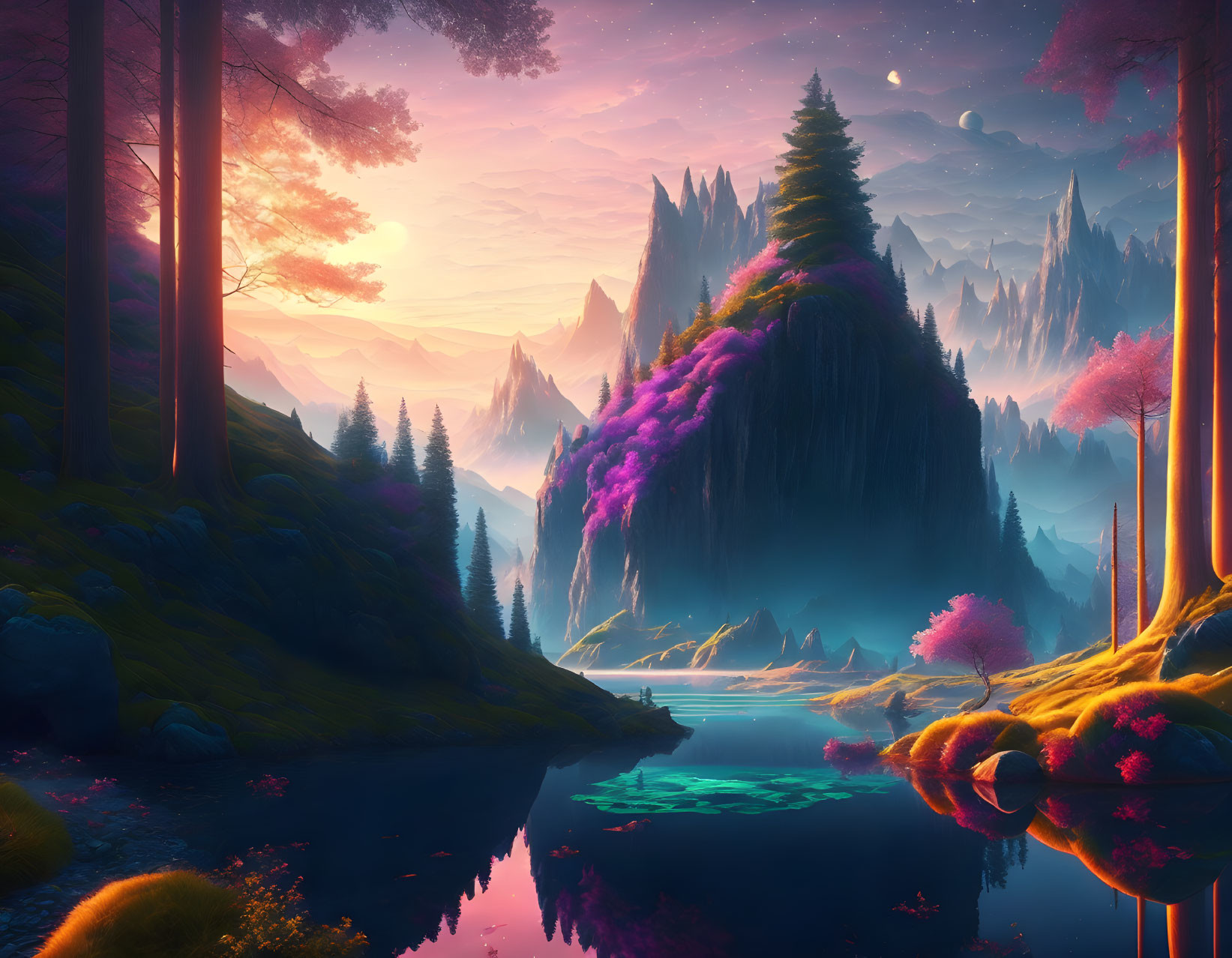 Fantasy landscape with pink skies, purple flora, river, and towering trees at dusk or dawn