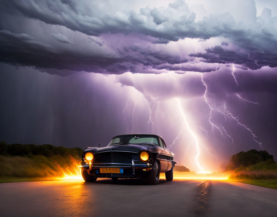 Vintage Car Parked Under Dramatic Lightning Storm