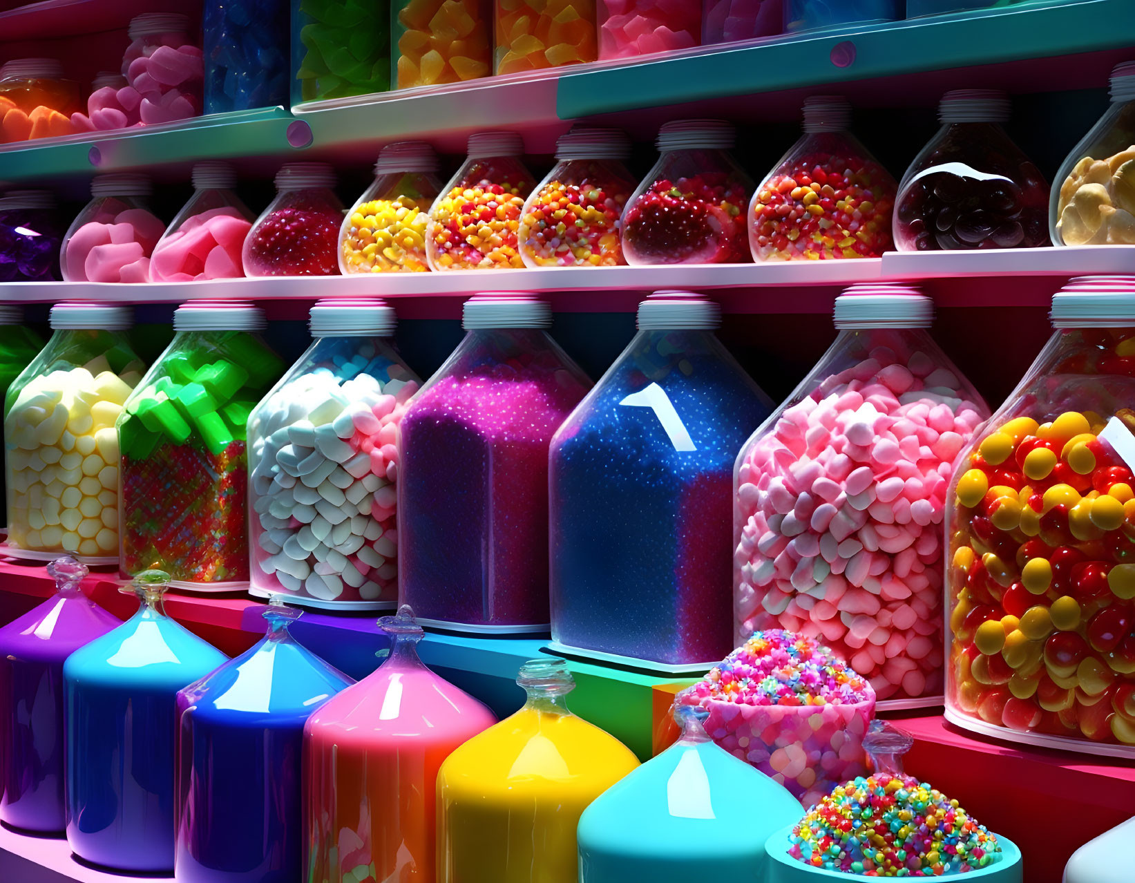 Assorted colorful candy and liquids in clear bottles on shelves