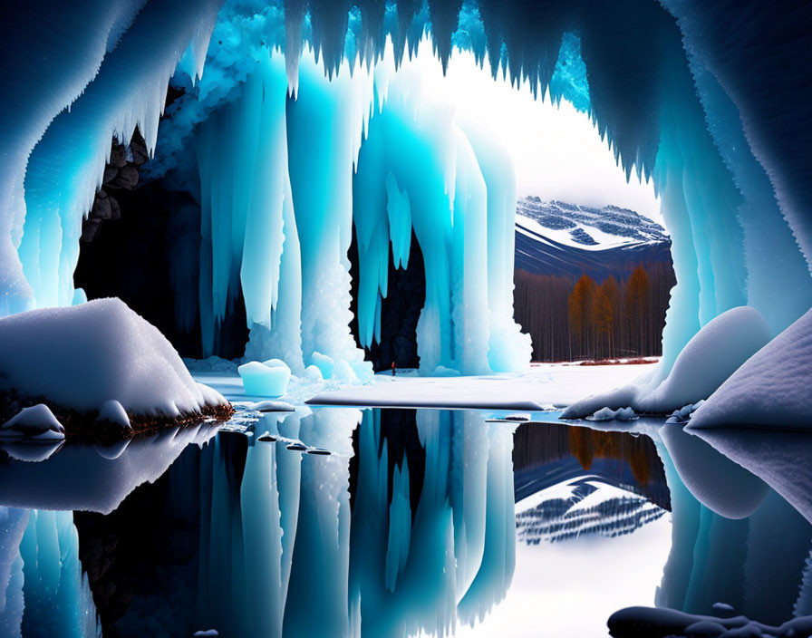 Serene ice cave with blue icicles, snow-covered ground, distant trees.