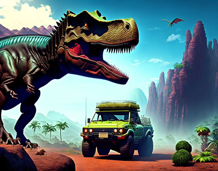 Enormous Tyrannosaurus Rex confronts off-road vehicle in prehistoric scene