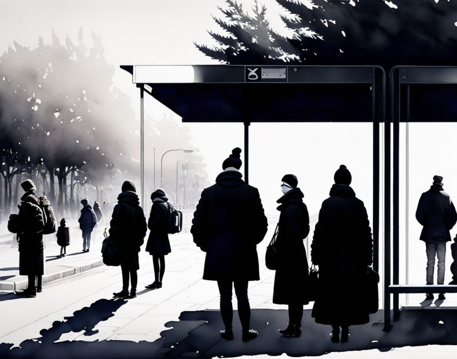 Silhouetted Figures at Bus Stop on Misty Day