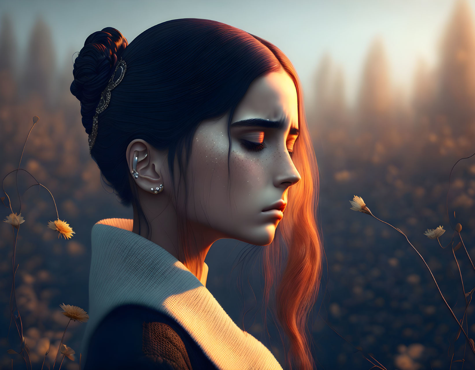 Contemplative woman with glittering freckles in twilight field with dandelions