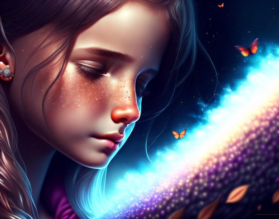 Digital Artwork: Young Girl with Freckles and Butterflies in Cosmic Setting